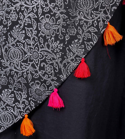 Black Hand Block Printed Dress with Tassels