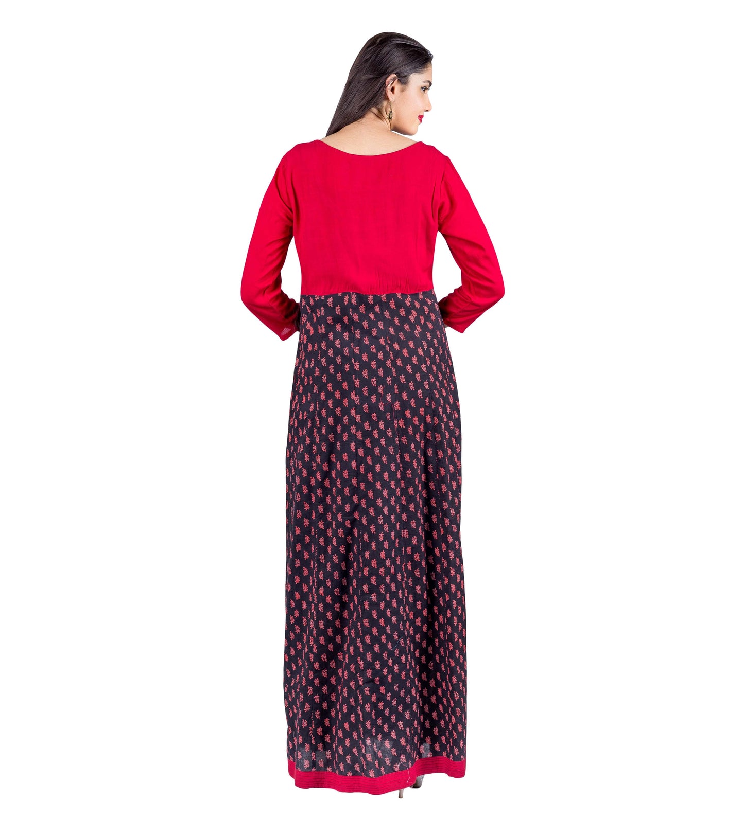 Red / Black Hand Block Printed Long Indo Western Dress with Pintuck Embroidery