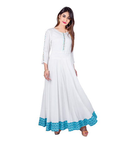 Aqua / White Hand Block Print Indo Western Maxi Dress with Jacket Waterfall Shrug