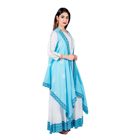 Aqua / White Hand Block Print Indo Western Maxi Dress with Jacket Waterfall Shrug