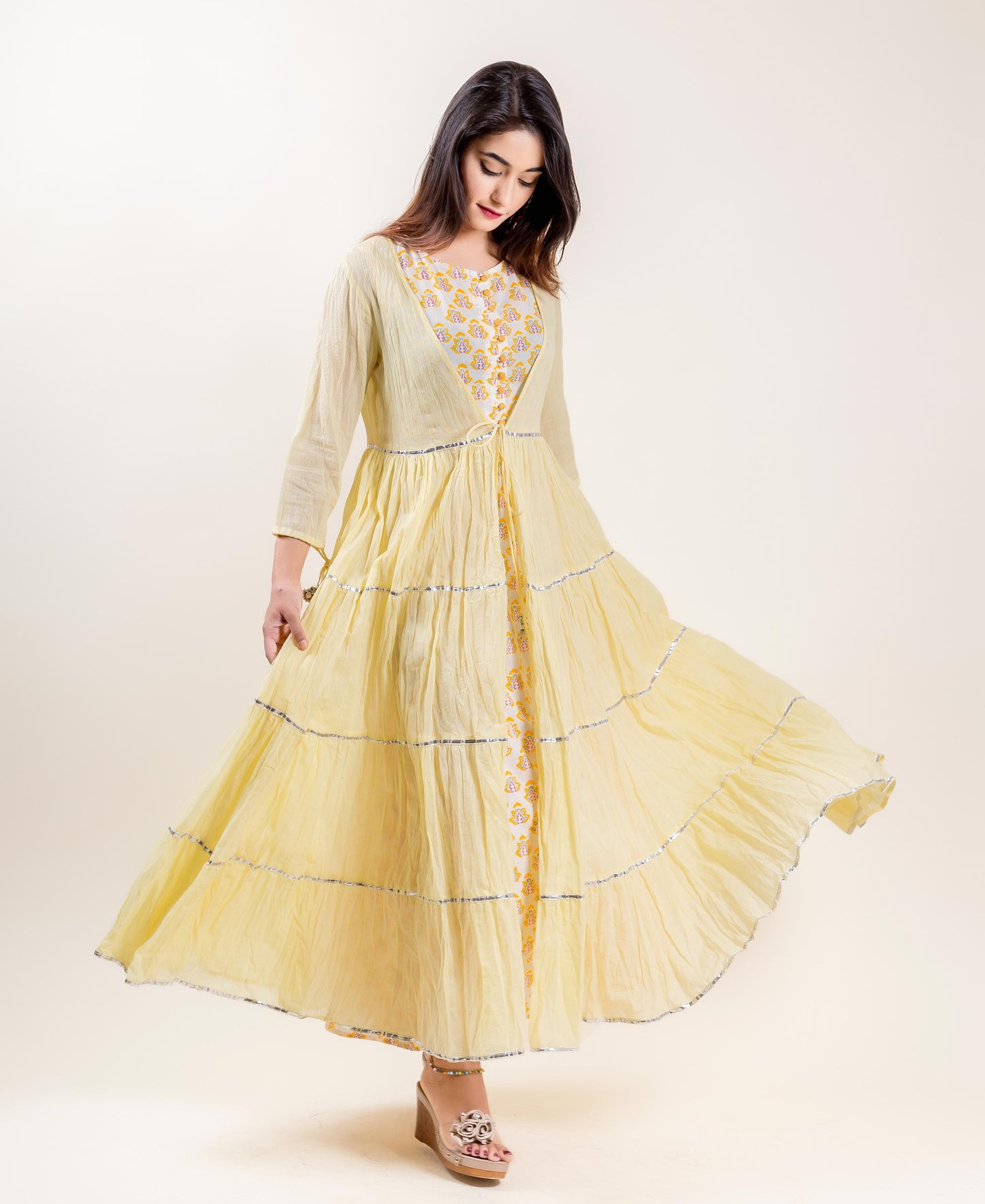Cotton Hand Block Printed Lemon Long Designer Tiered Dress