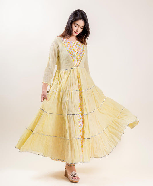 Cotton Hand Block Printed Lemon Long Designer Tiered Dress
