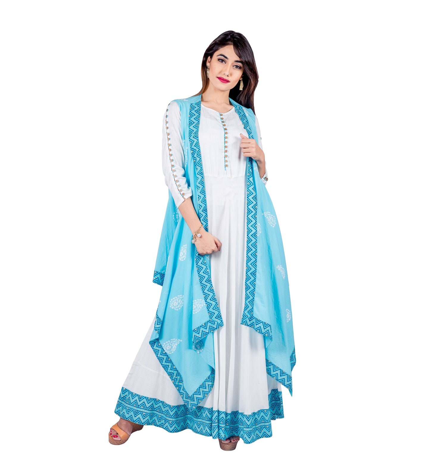 Aqua / White Hand Block Print Indo Western Maxi Dress with Jacket Waterfall Shrug