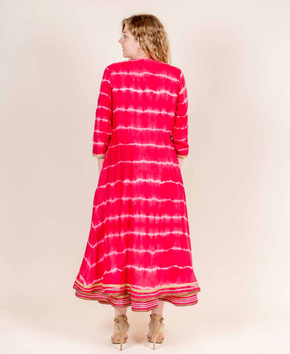 Red Double Layered Tie and Dye Jacket Style Dress