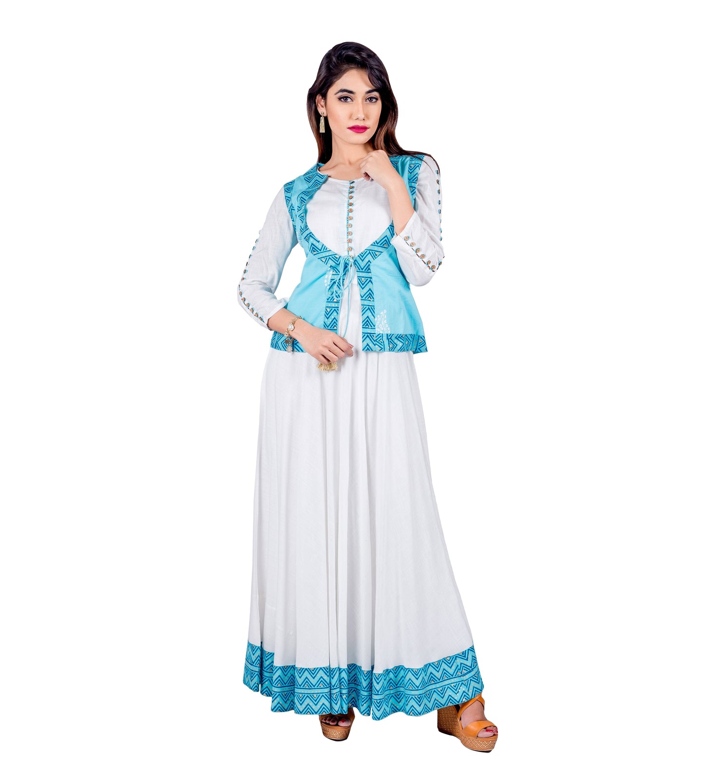 Aqua / White Hand Block Print Indo Western Maxi Dress with Jacket Waterfall Shrug