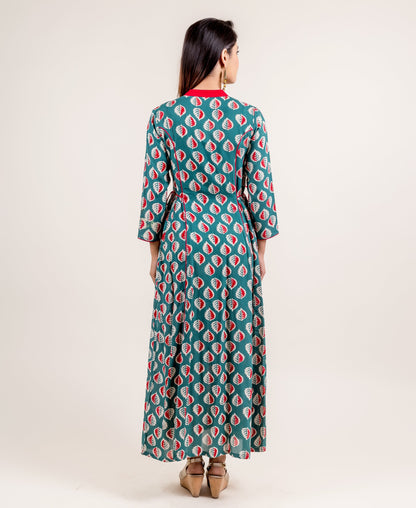 Dazzling Tasseled Front Open Block Printed Long Designer Dress