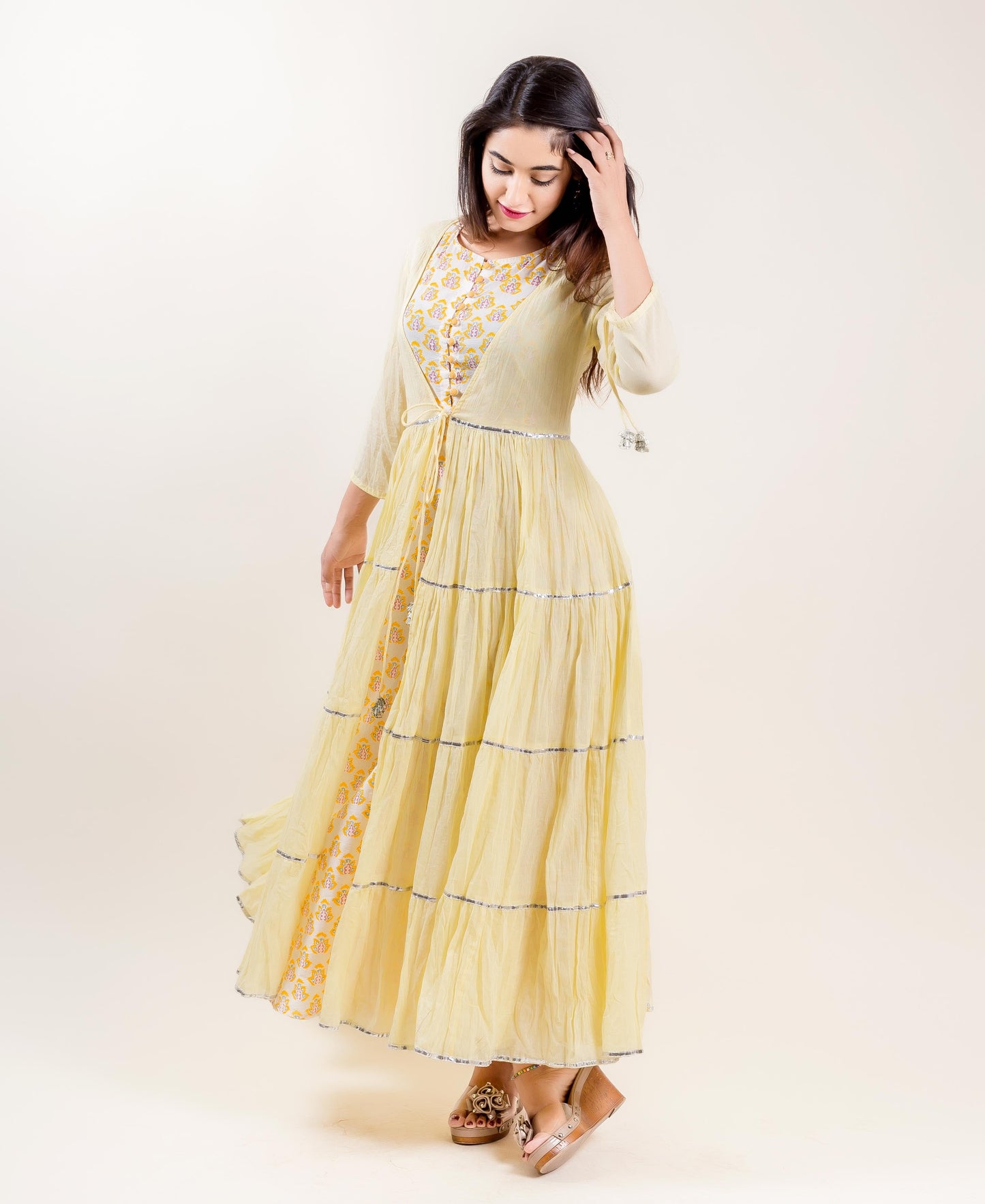 Cotton Hand Block Printed Lemon Long Designer Tiered Dress