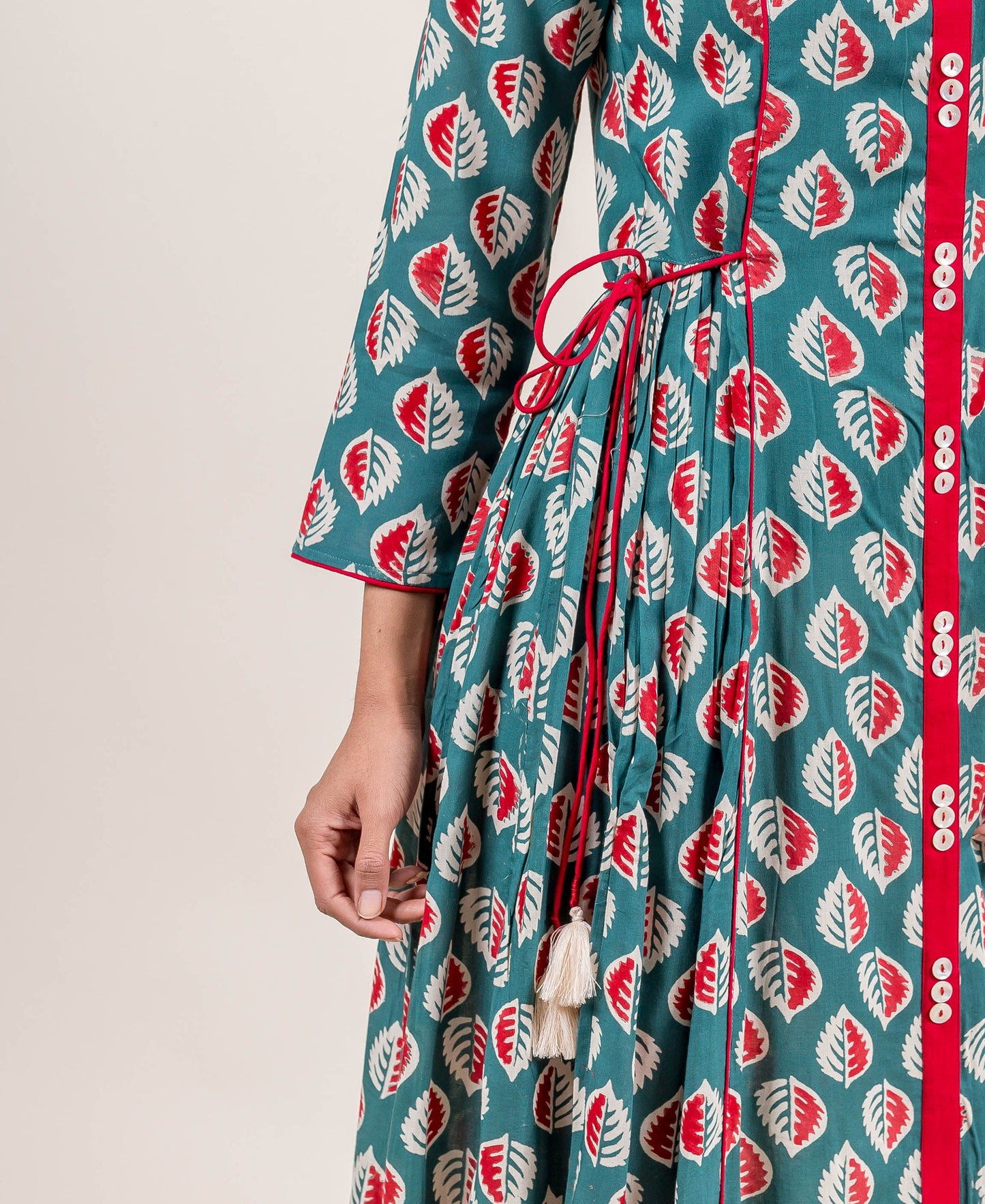 Dazzling Tasseled Front Open Block Printed Long Designer Dress