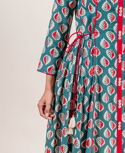 Dazzling Tasseled Front Open Block Printed Long Designer Dress