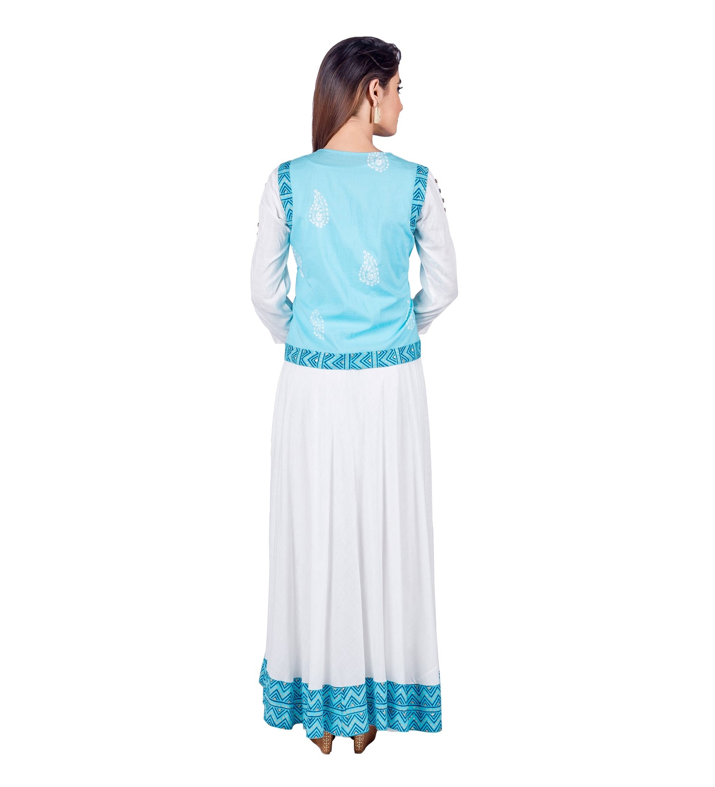 Aqua / White Hand Block Print Indo Western Maxi Dress with Jacket Waterfall Shrug