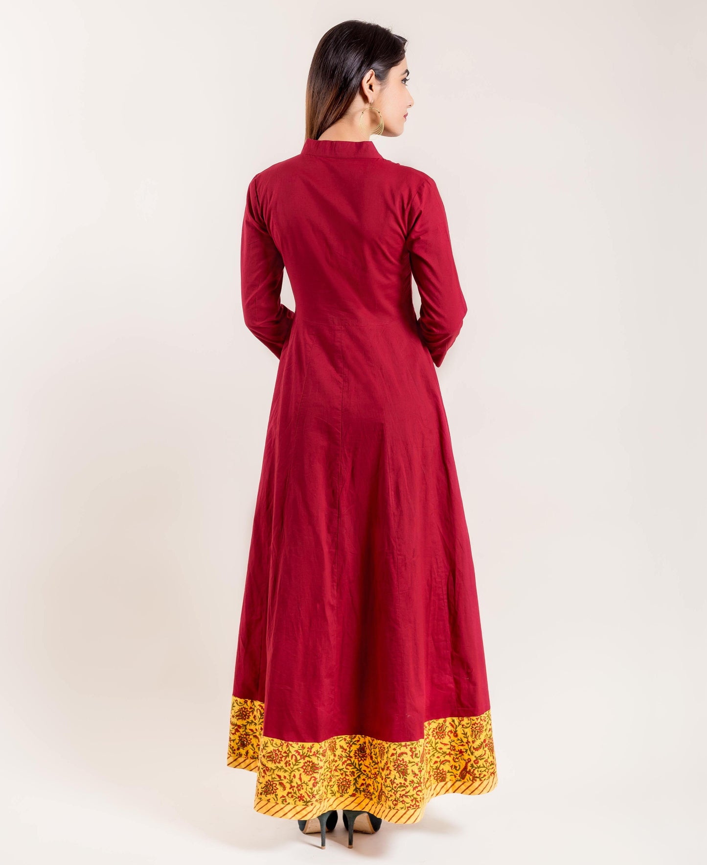 Red Hand Block Printed Floor Length Flared Princess Gown