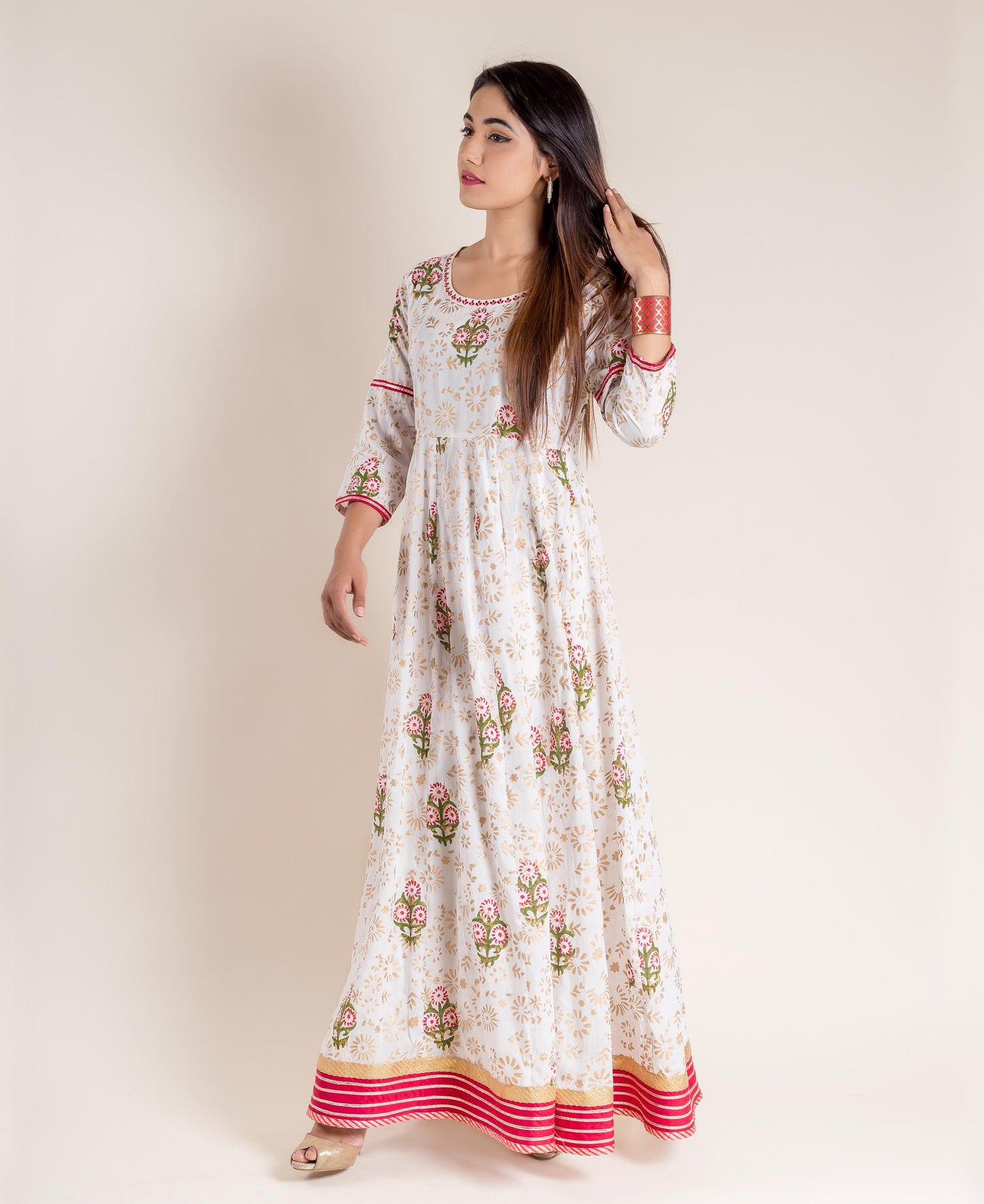 White Hand Block Printed Floor Length Flared Princess Gown