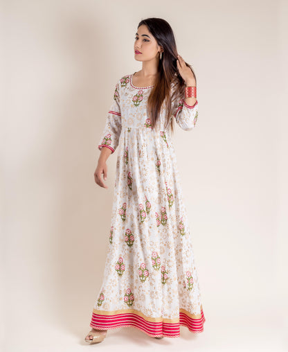White Hand Block Printed Floor Length Flared Princess Gown