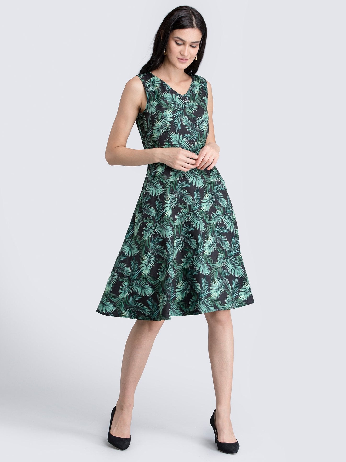 Leaf Print Fit & Flare Dress - Green