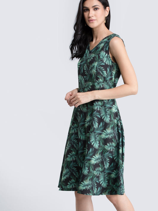 Leaf Print Fit & Flare Dress - Green