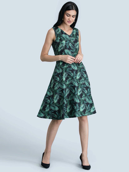 Leaf Print Fit & Flare Dress - Green