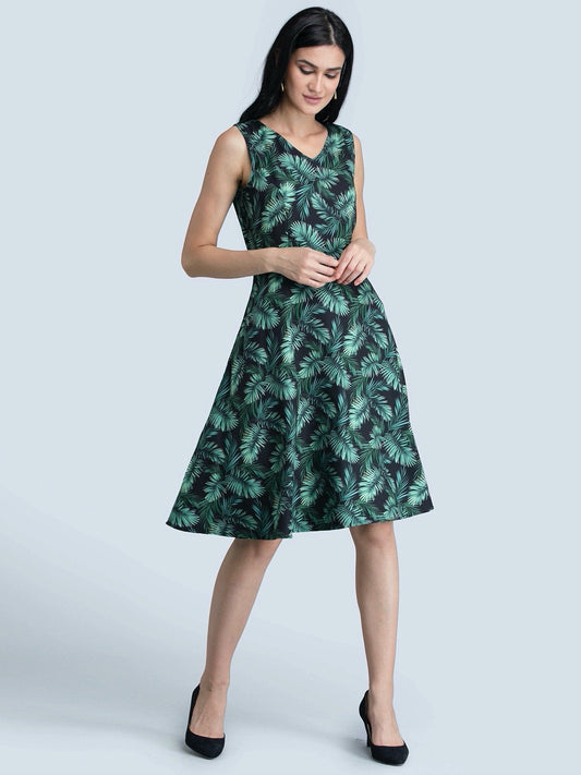 Leaf Print Fit & Flare Dress - Green