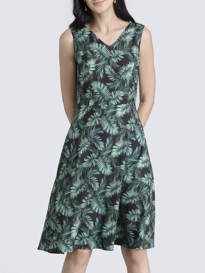 Leaf Print Fit & Flare Dress - Green