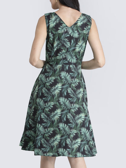 Leaf Print Fit & Flare Dress - Green