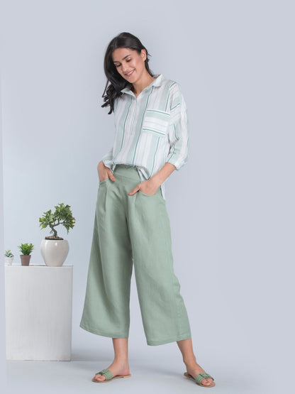 Linen Pleated Culottes With Elastic - Green