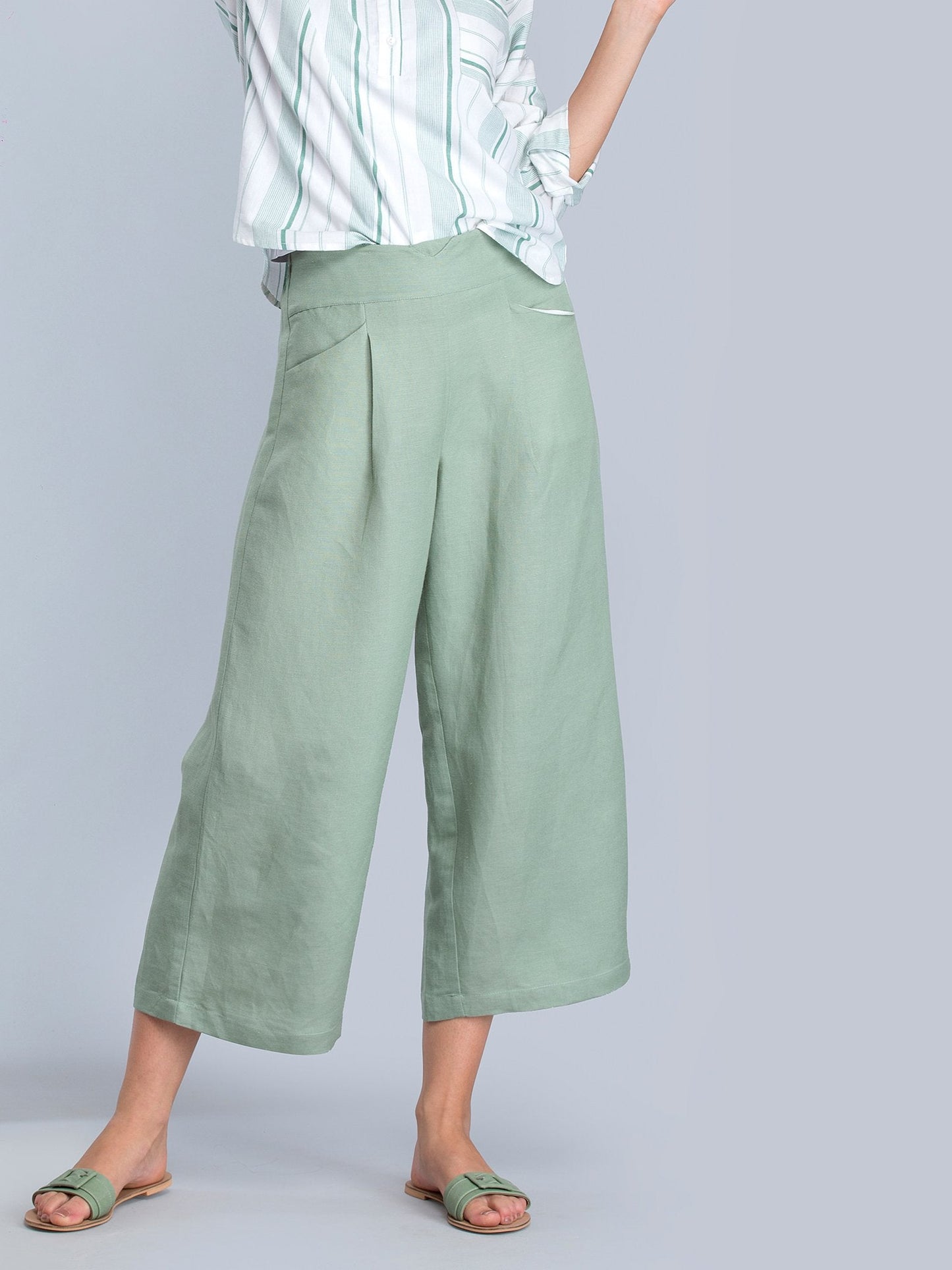 Linen Pleated Culottes With Elastic - Green