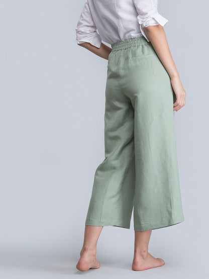 Linen Pleated Culottes With Elastic - Green