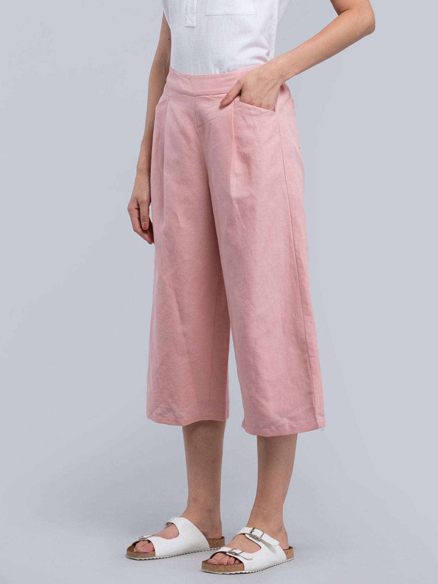 Linen Pleated Culottes With Elastic - Pink