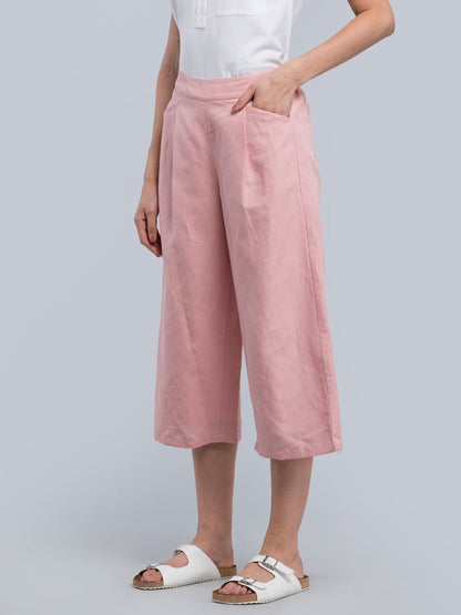 Linen Pleated Culottes With Elastic - Pink