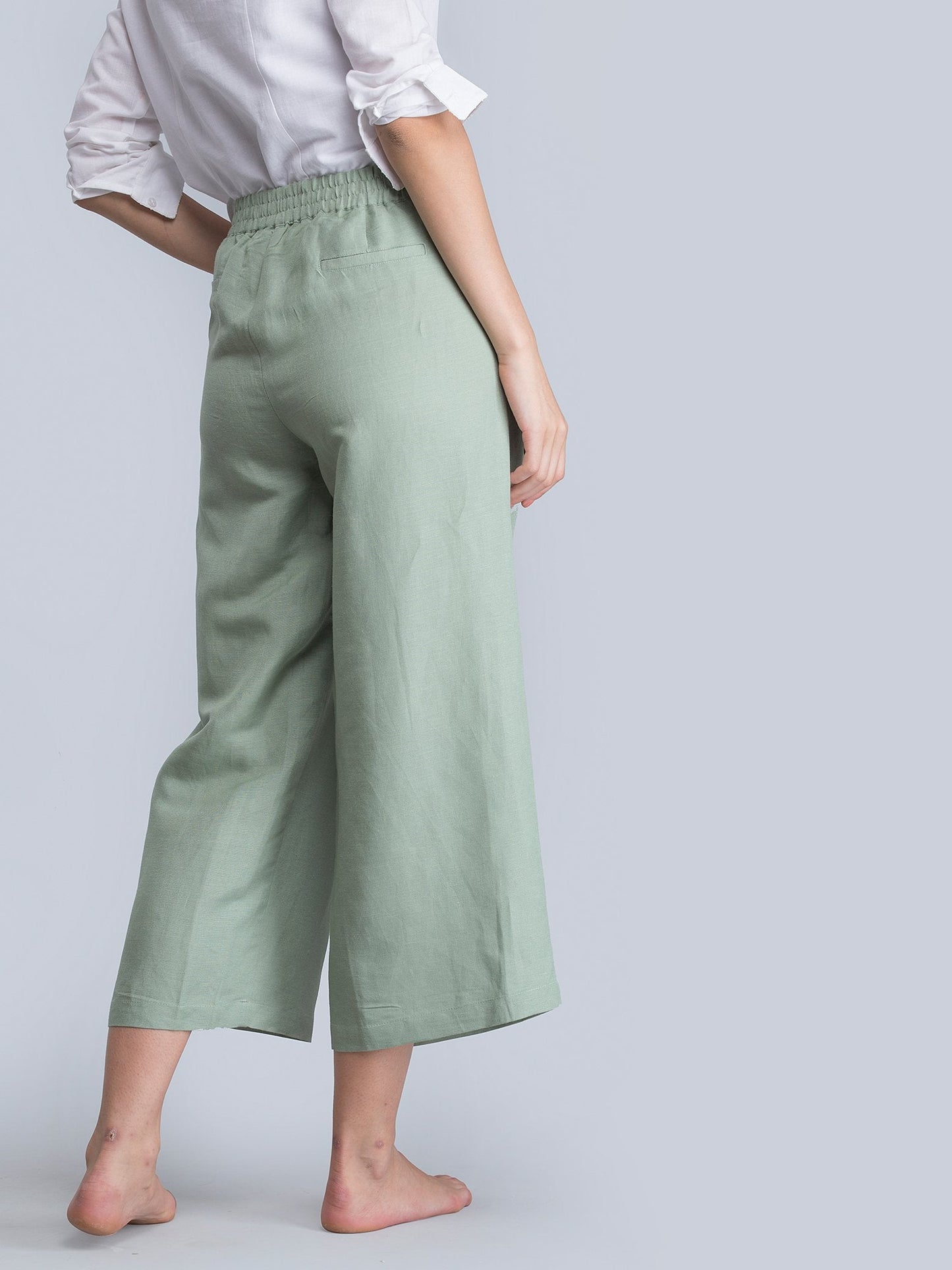 Linen Pleated Culottes With Elastic - Green