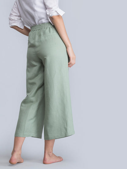 Linen Pleated Culottes With Elastic - Green