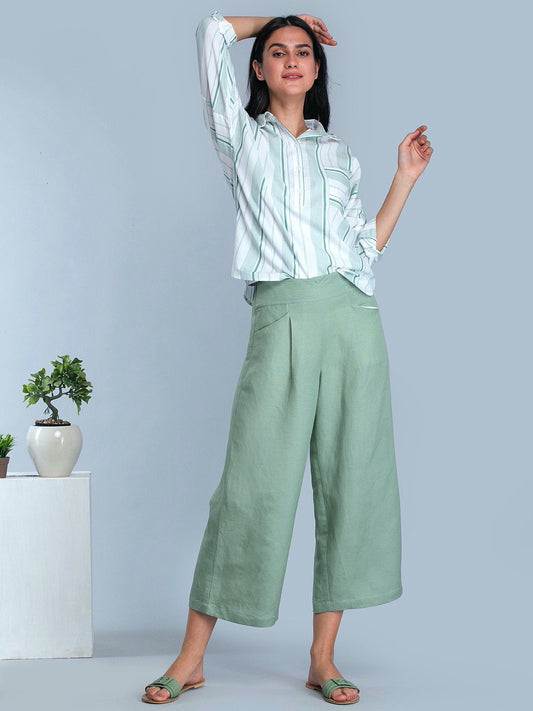 Linen Pleated Culottes With Elastic - Green
