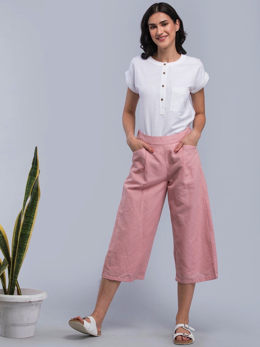 Linen Pleated Culottes With Elastic - Pink