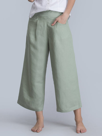 Linen Pleated Culottes With Elastic - Green