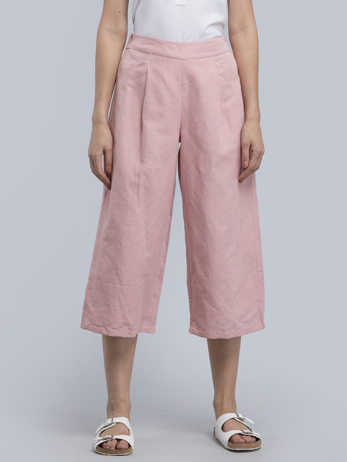 Linen Pleated Culottes With Elastic - Pink