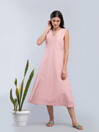 Linen Stitch Detail A Line Dress - Pink