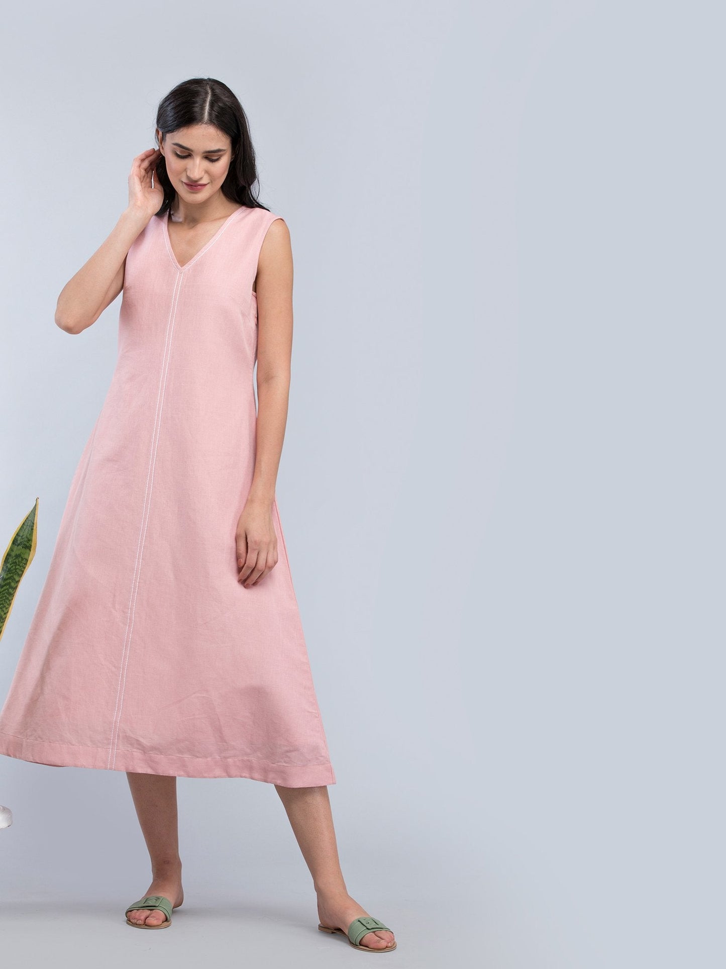 Linen Stitch Detail A Line Dress - Pink