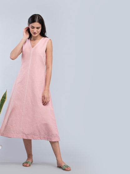 Linen Stitch Detail A Line Dress - Pink