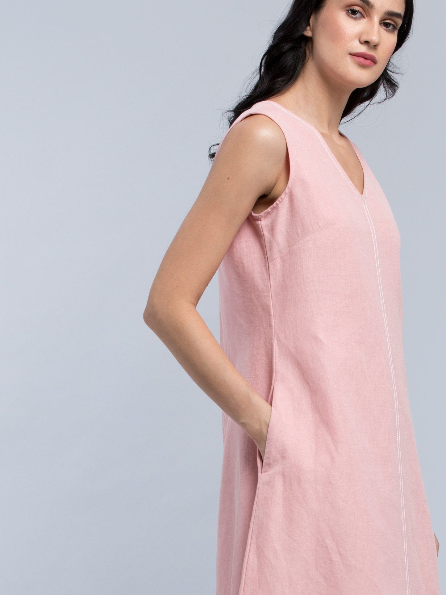 Linen Stitch Detail A Line Dress - Pink