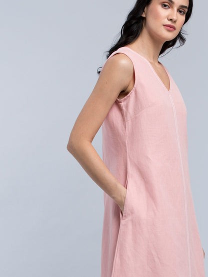 Linen Stitch Detail A Line Dress - Pink