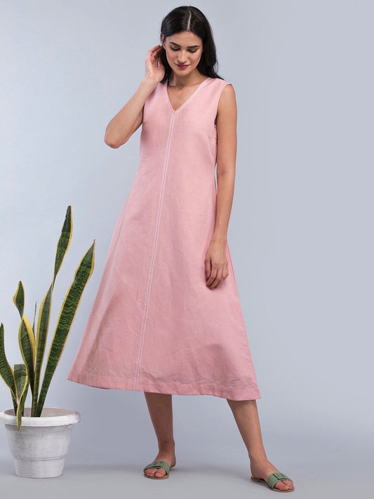 Linen Stitch Detail A Line Dress - Pink