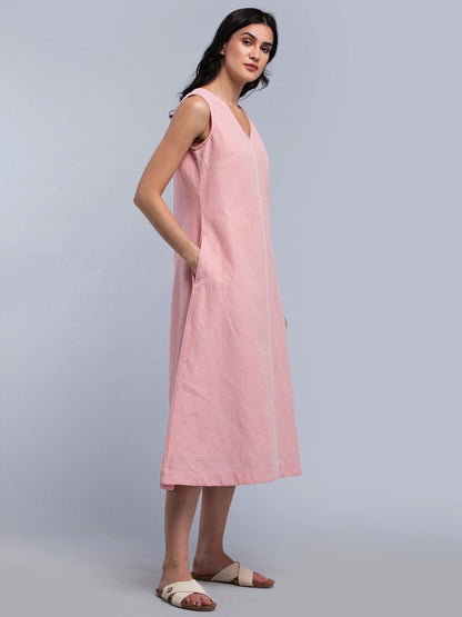 Linen Stitch Detail A Line Dress - Pink