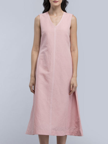 Linen Stitch Detail A Line Dress - Pink