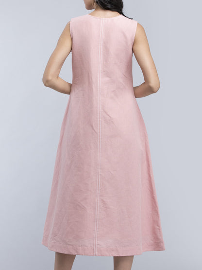 Linen Stitch Detail A Line Dress - Pink