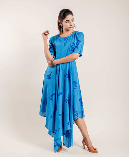 Blue Asymmetrical Block Printed Indo Western Dress
