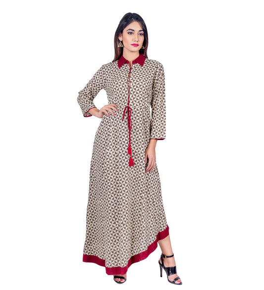 Hand Block Printed Collar Neck Asymmetrical Dress