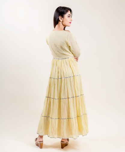 Cotton Hand Block Printed Lemon Long Designer Tiered Dress