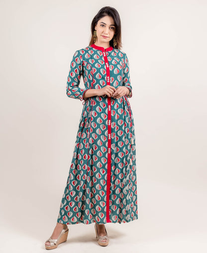 Dazzling Tasseled Front Open Block Printed Long Designer Dress