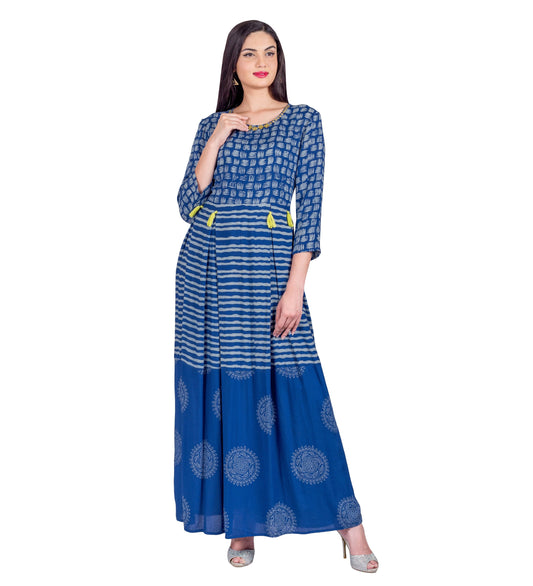 Indigo Pleated Hand Block Print Indo Western Dress with Waist Tassels