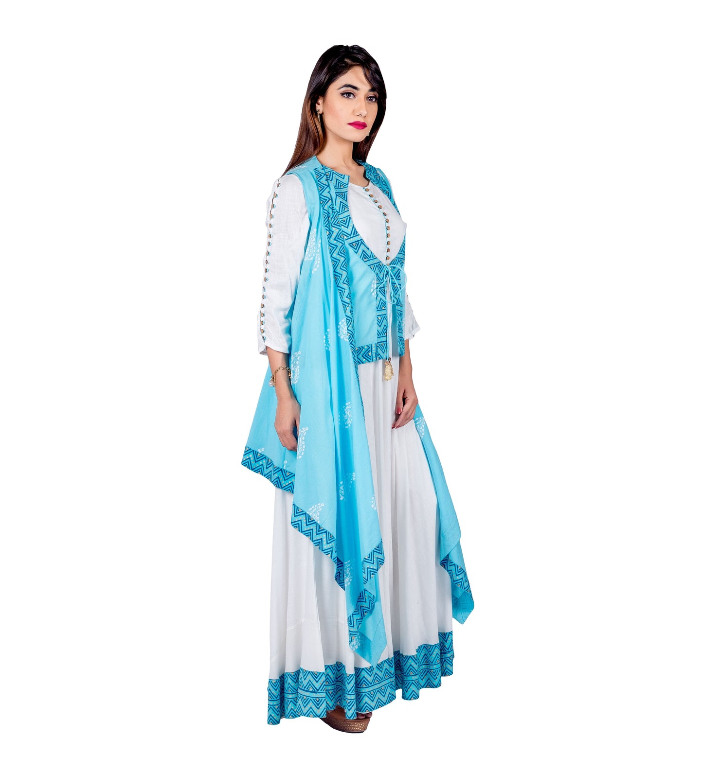 Aqua / White Hand Block Print Indo Western Maxi Dress with Jacket Waterfall Shrug