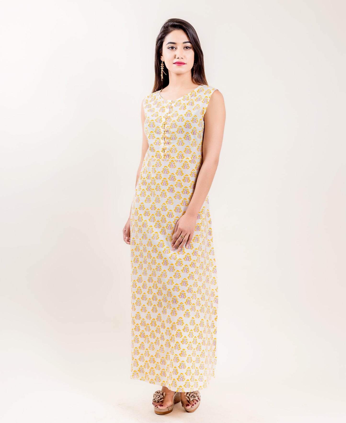 Cotton Hand Block Printed Lemon Long Designer Tiered Dress